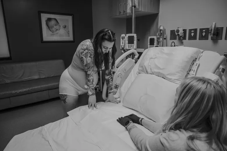 Black and white birth scene
